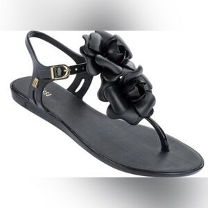 Melissa Solar Hawaii Black Floral Toe Post Sandals - Size 9